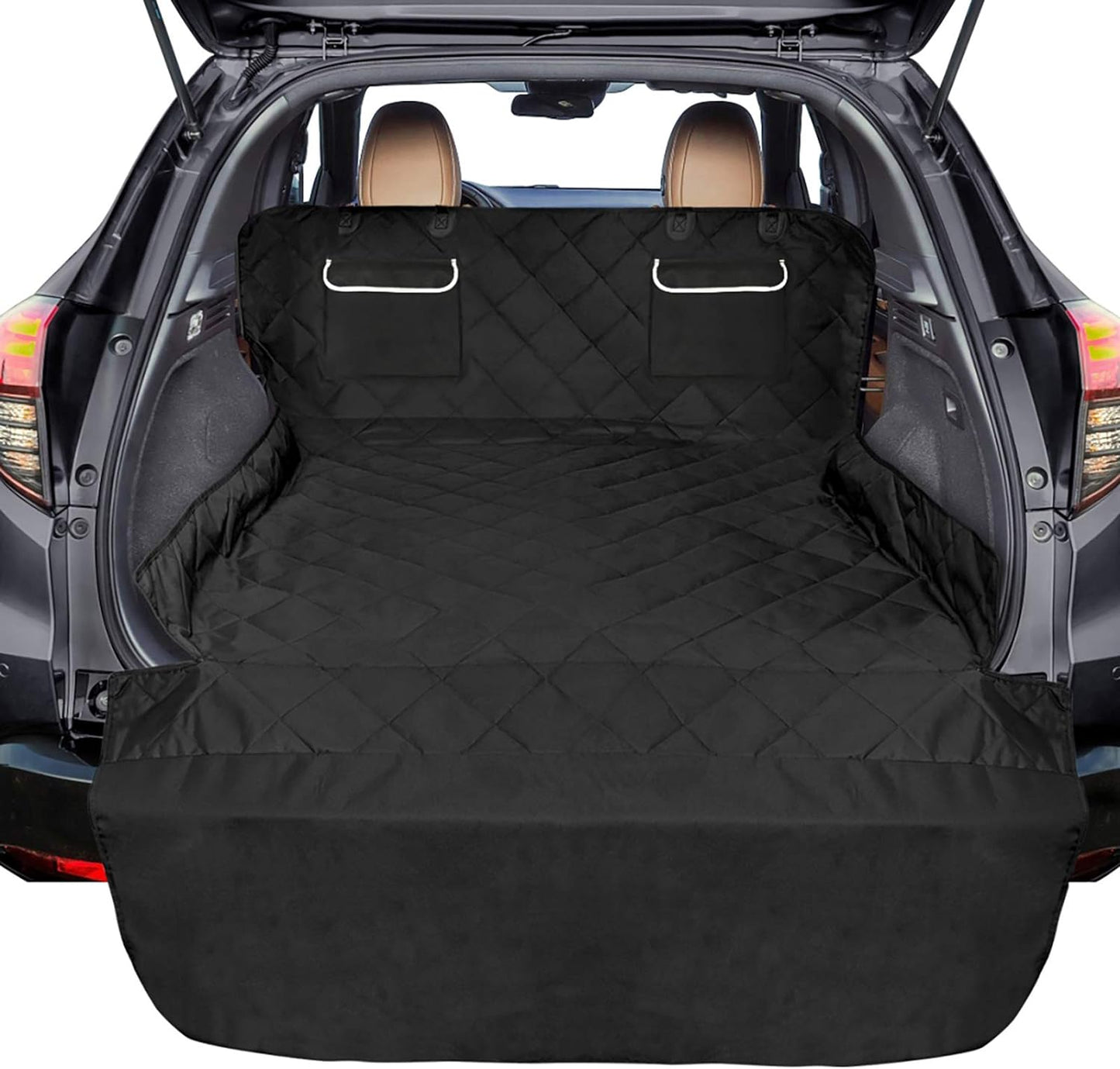 F-color SUV Cargo Liner for Dogs, Waterproof Pet Cargo Cover Dog Seat Cover Mat for SUVs Sedans Vans with 2 Large Pockets, Non-Slip, Large Size Universal Fit, Black