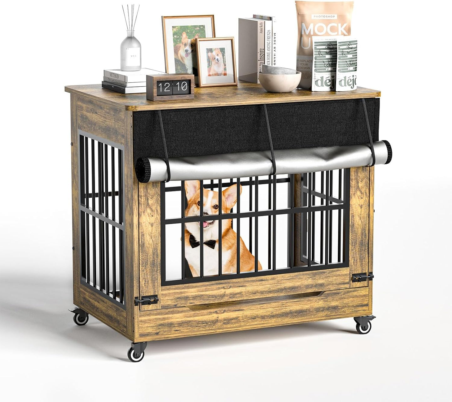 32" Dog Crate Furniture, Double Door Wooden Indoor Dog Kennel Furniture, Decorative Pet Cage End Table with Wheels for Medium and Small Breed Dogs, Size M, Rustic Brown