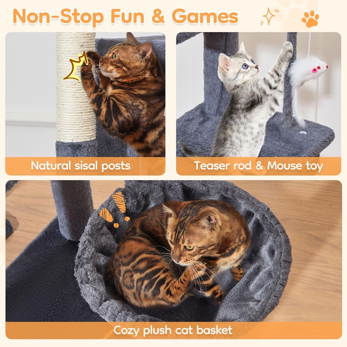 Taoqimiao Heavy Duty Cat Tree for Large Cats 20lbs+, 71 Inches Tall Cat Tower, 2 Cat Condo with 6 Scratching Posts, Super Large Hammcock, Cat Toys, Cozy Basket, Smoky Gray, MS037G