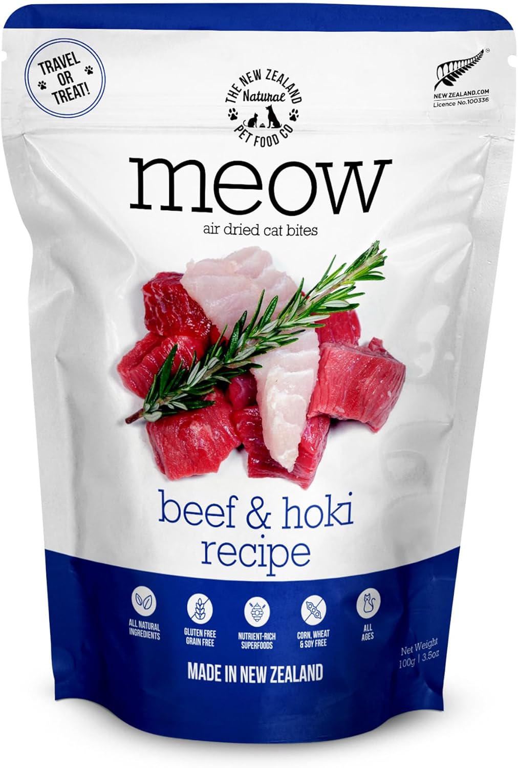 Meow Air Dried Cat Food - Beef & Hoki Recipe,High Protein Dry Cat Food, Training Treats, Meals & Toppers,3.5oz