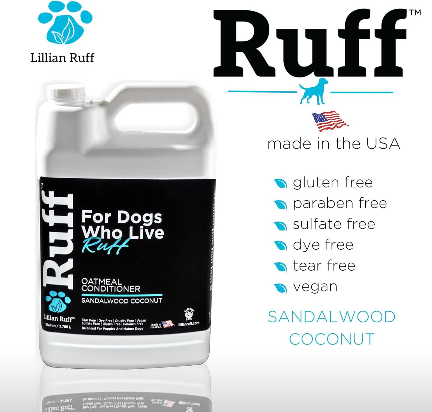 Ruff by Lillian Ruff Sandalwood Coconut Oatmeal Conditioner for Dogs – Moisturize & Soothe Dry Itchy Skin, Promote Healthy Coat, Tear-Free, Sulfate-Free, Paraben-Free, Made in USA (Gallon)