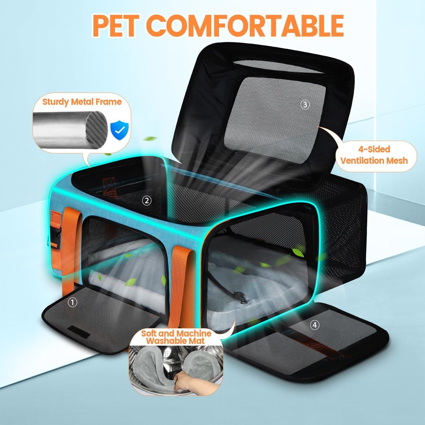 Petskd Top and Side Expandable Pet Carrier 19x13x9 Inches Southwest Allegiant Airlines Approved, Soft-Sided Carrier for Small Dog Under 12 lbs and Large Cat Under 15 lbs(Blue)