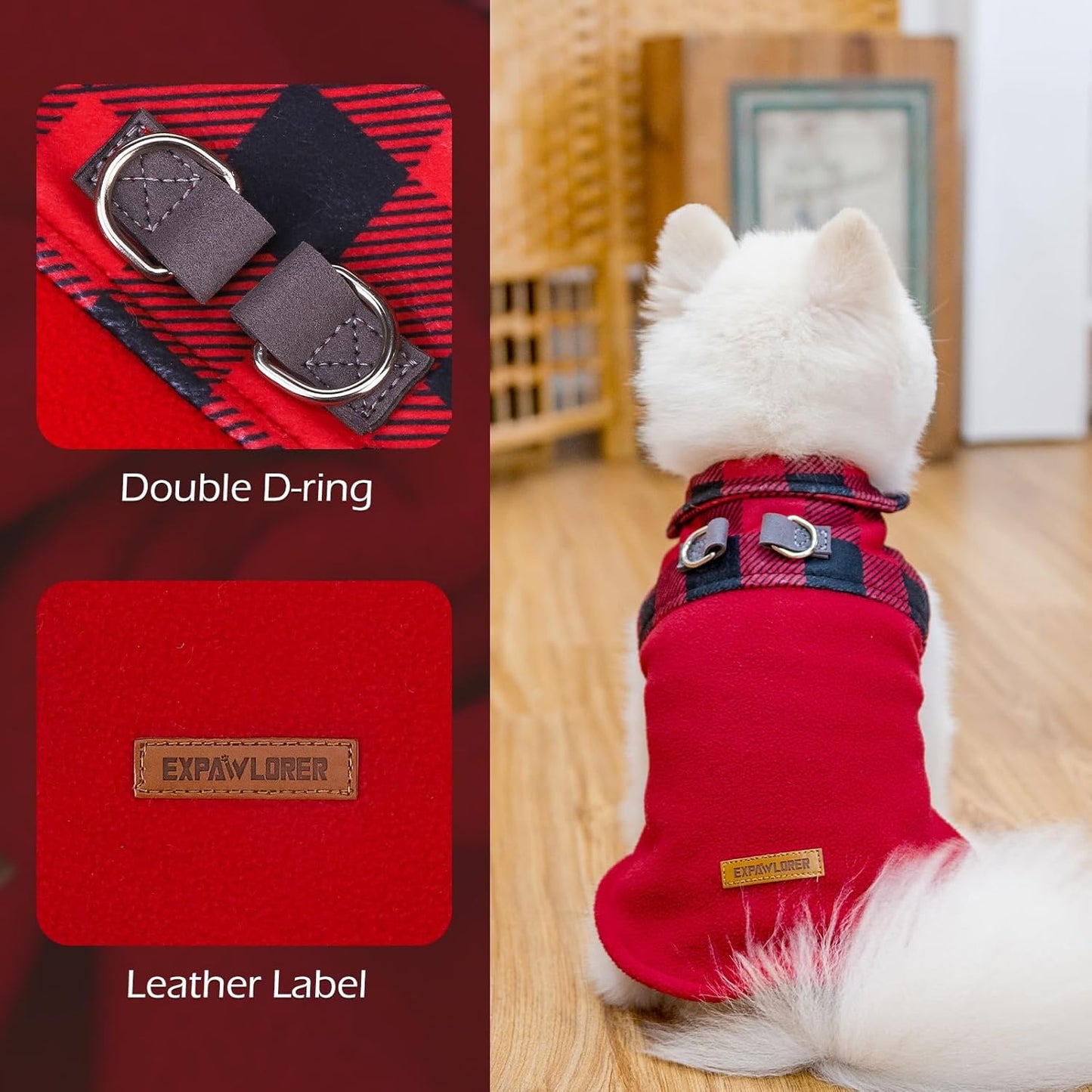 EXPAWLORER Fleece Dog Sweater for Small Medium Dogs - Classic Plaid Jacket, Doggie Winter Coat Vest with 2 D-Rings for Leash, Cold Weather Clothes,Pet Apparel,Sweatershirt for Boy or Girls