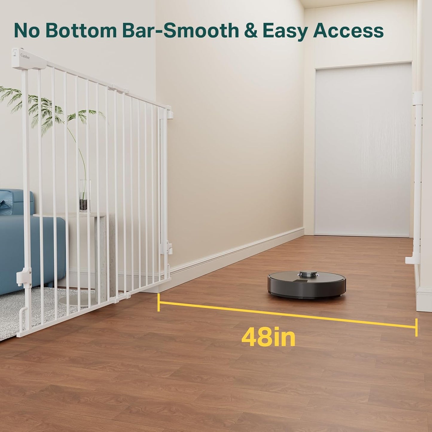 Cumbor 34" Extra Tall No Bottom Bar Baby Gate for Stairs, Auto Close Dog Gate Indoor for Larger Pets, 31.6-48" Hardware Mounted Safety Gate for Doorways, Wide Walk Thru Door for Easy Access (White)