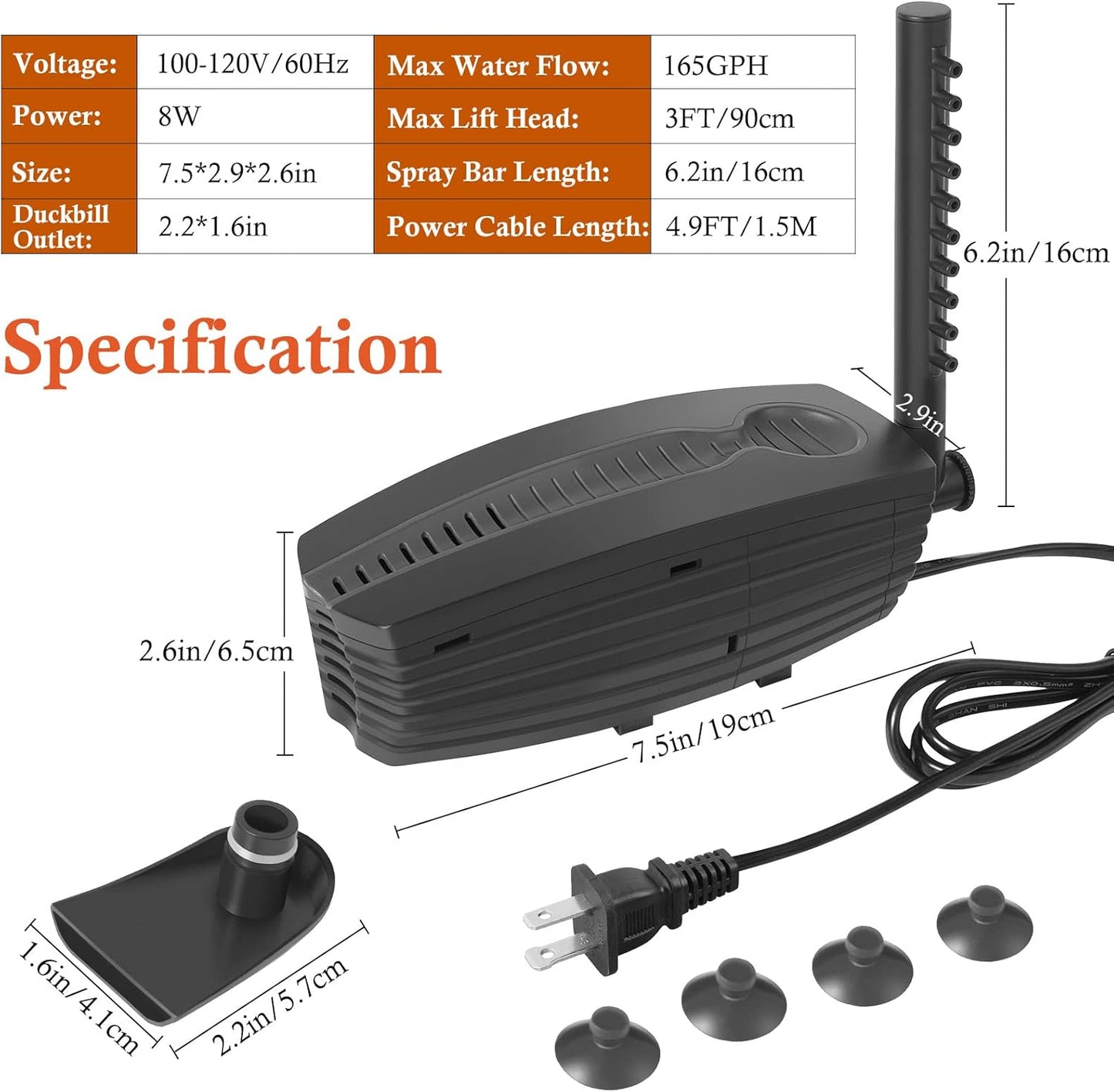 FEDOUR 165GPH Aquarium Filter U-V, 8W Adjustable Fish Tank Filter, U-V Submersible Internal Filter for 10-50 Gallon Tank, with Biochemical Cotton