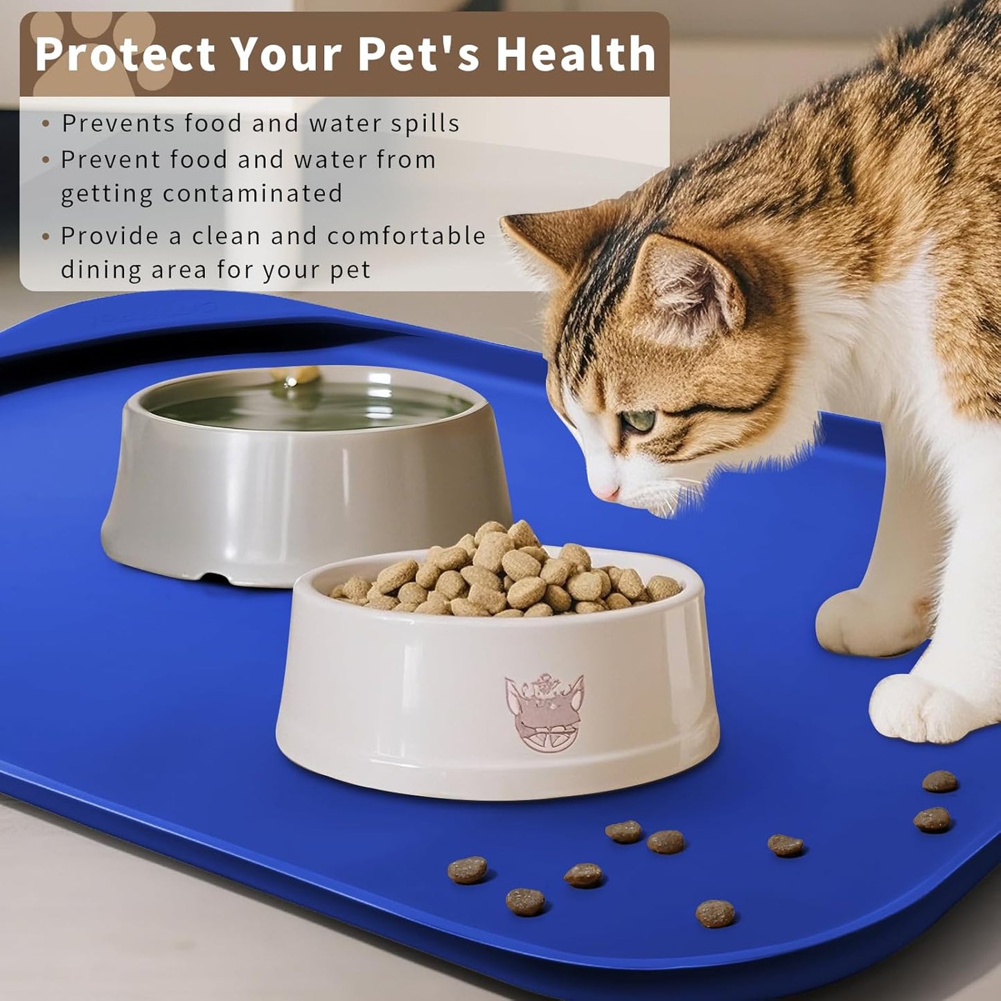 Silicone Pet Feeding Mat with Raised Edge & Residue Collection Pocket for Food and Water, Dog Bowl Mats, Cat Bowls Placemat with High Lip for Floor Waterproof, 19 x 12 x 0.7 Navy Blue
