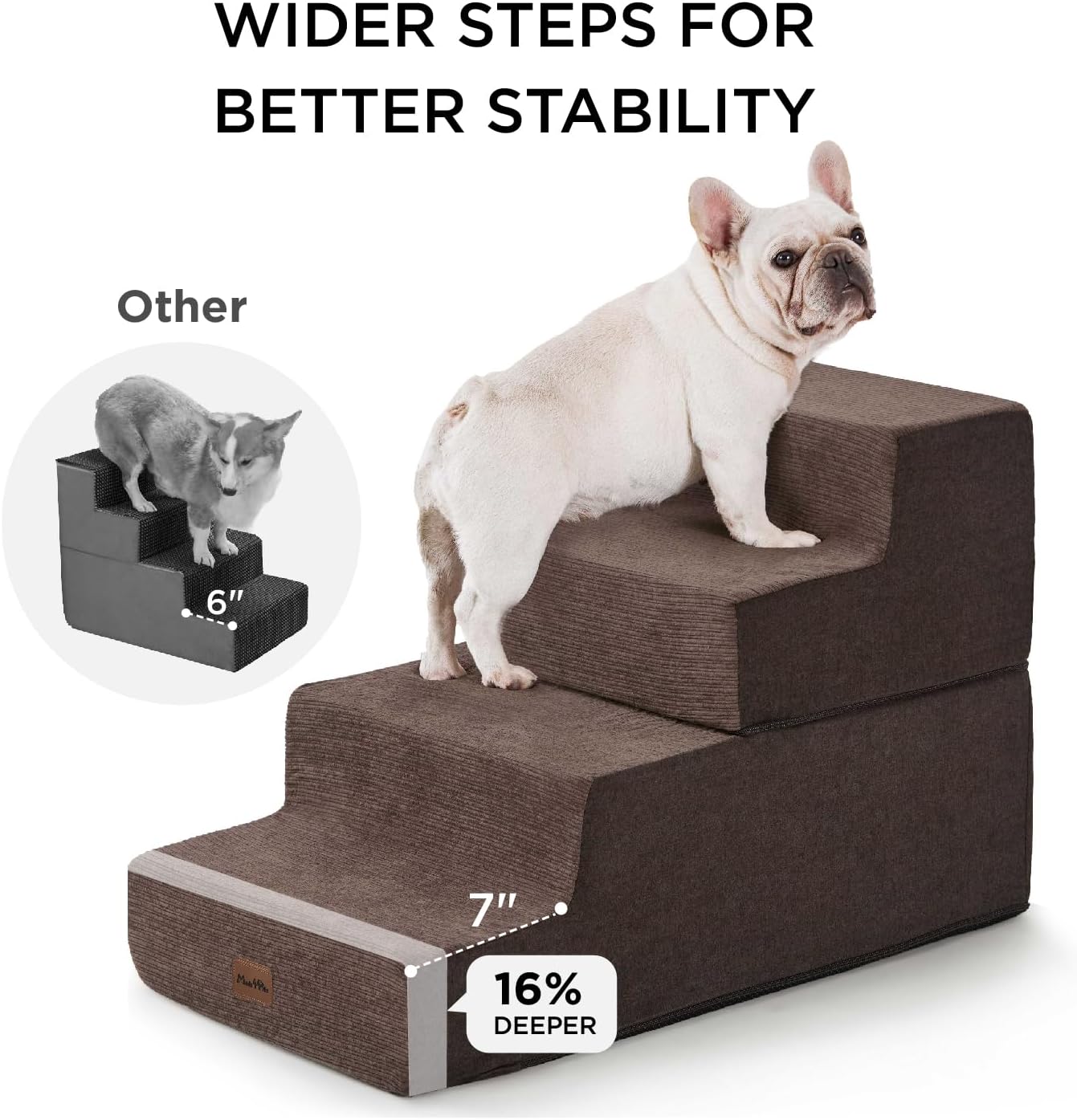 Made4Pets Dog Stairs for Small Dogs, Extra Wide Dog Steps for Bed Couch Sofa and Chair, 35D Foam Pet Steps for Small Dogs and Cats, Non-Slip Bottom Pet Stairs, Brown, 3 Steps