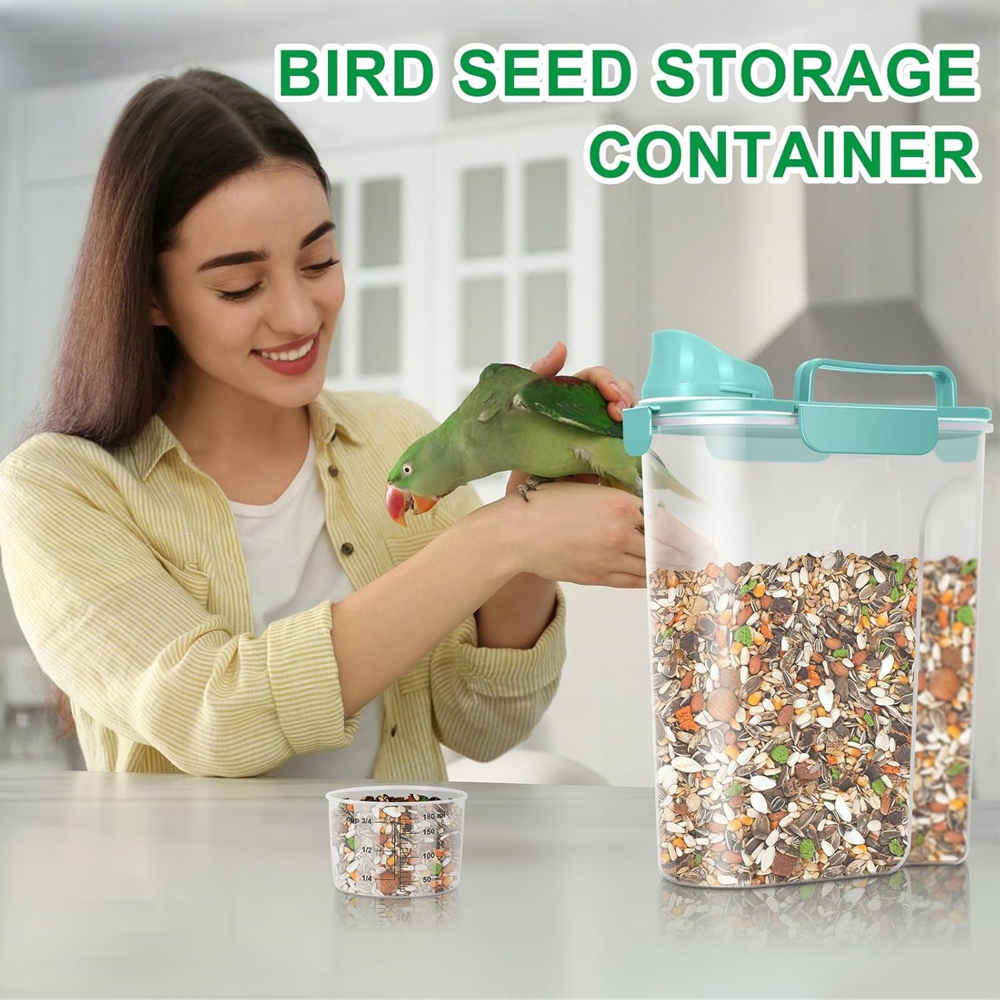 Pet Dog Cat Food Storage Container 5 to 7 lbs with Can Cover and Mixing Spoon, Airtight Travel Pet Food Storage Dispenser with Easy-pouring Spout & Cup, Kibble Dog Treat Bird Seed Container -Cyan