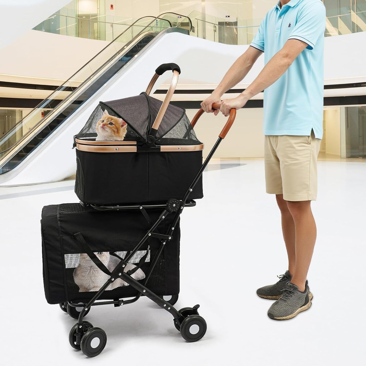 Double Pet Stroller for Dogs and Cats, Foldable Dog Stroller Travel Carriage with Detachable Carriers, Safety Belts, and 4 Lockable Wheels for Small to Medium Pets (Black)