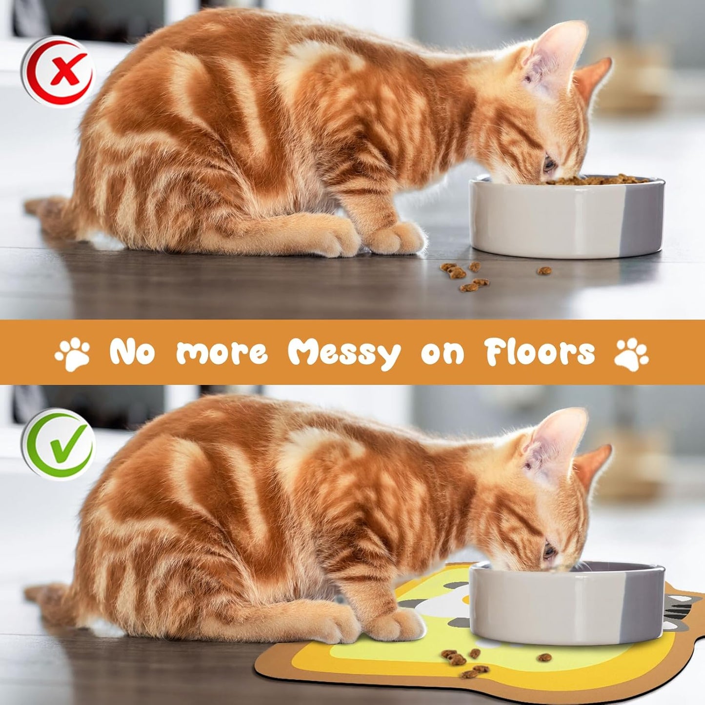 Cat Food Mats for Floor, Cat Water Bowl Mats Pet Feeding Absorbent Mat Cat Placemats for Food and Water Yellow Small 17.7 * 12 inch