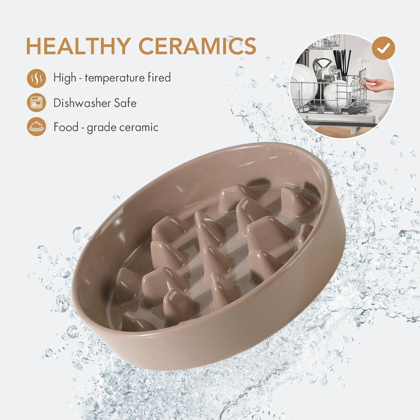 Ceramic 9.5 inch Dog Bowl Slow Feeder, Slow Pet Food Dish for Large Dog, Stop Bloat, Preventing Choking(Single Bowl, Brown Coffee)