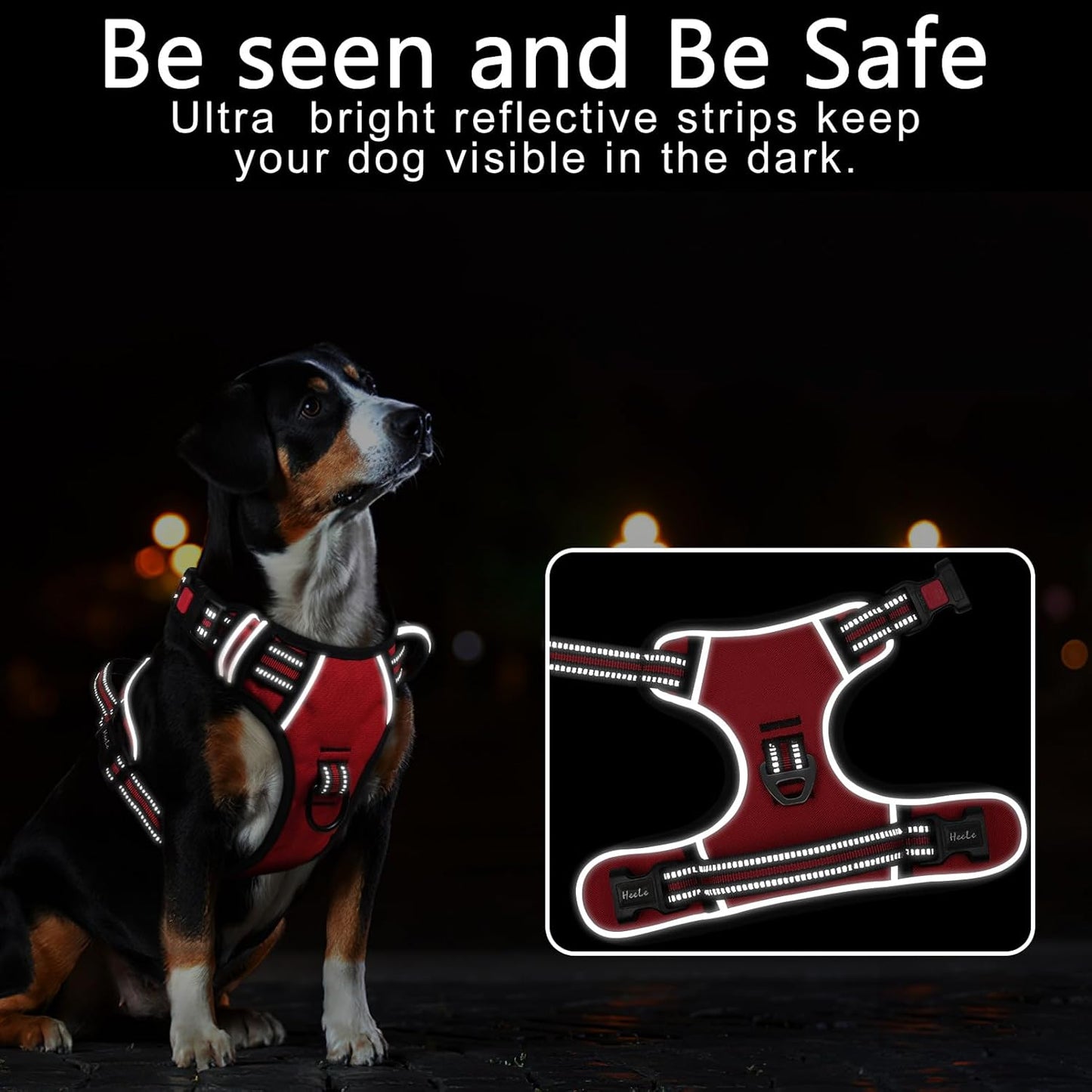 Timos Dog Harness Large Sized, No Pull with Neck Lockable Snap,No Choke Front Clip Dog Reflective Harness,Adjustable Metal Rings 3 Buckles,Easy Control Handle for Large Dogs Red L