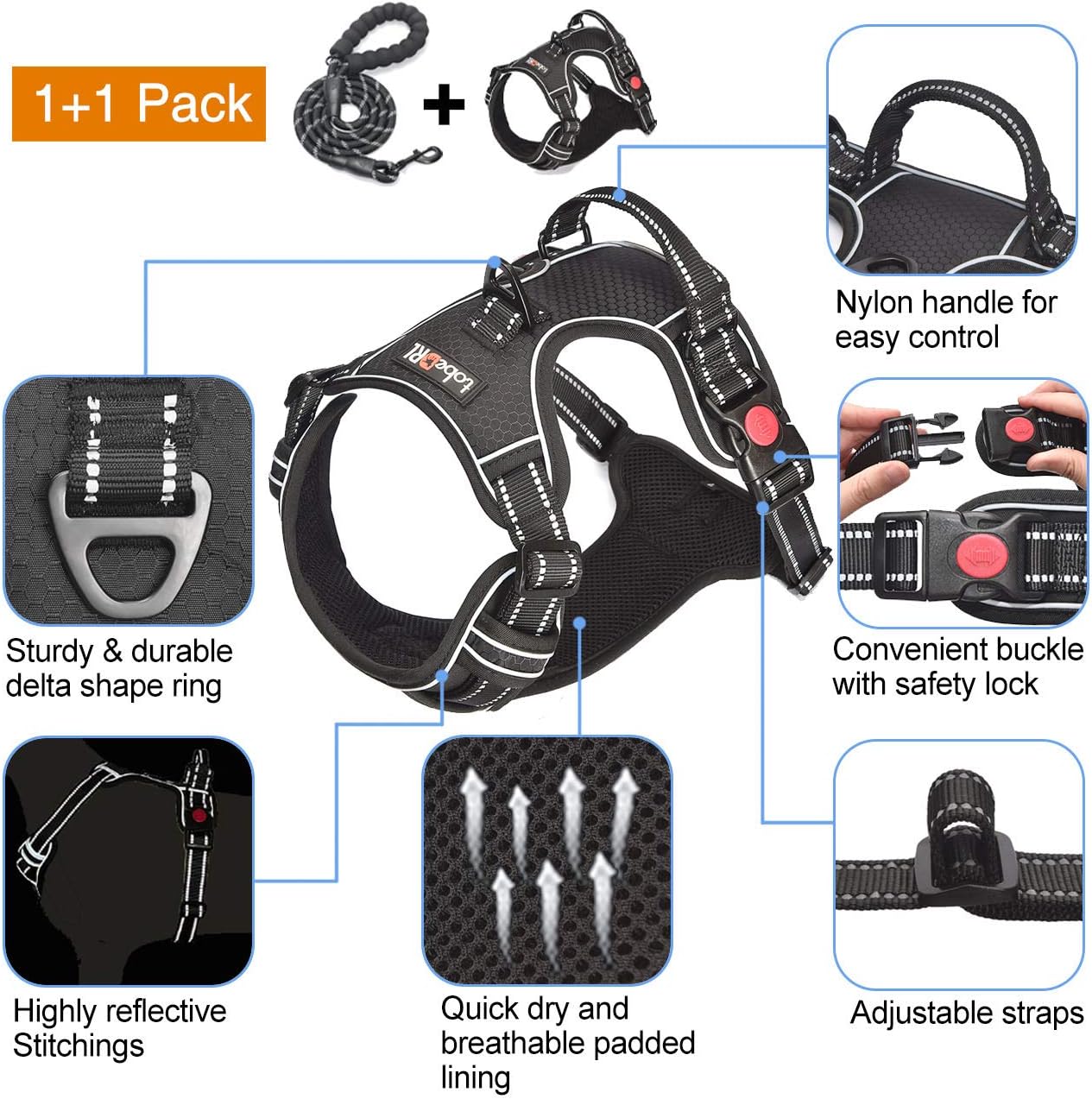 No Pull Harness with A Free Heavy Duty 5ft Leash for Medium Large Dog Adjustable Reflective Oxford Easy Control (L (Neck: 18"-25.5", Chest: 24.5"-33"), Black Harness+Leash)