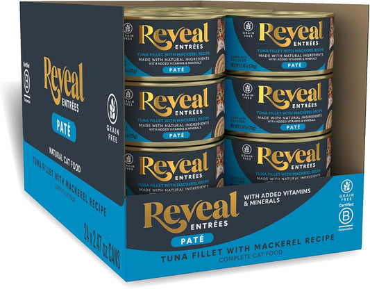 Reveal Entrées Natural Wet Cat Food Paté, Grain-Free with Added Vitamins & Minerals, Carrageenan-Free Tuna Fillet with Mackerel Paté Recipe (24 x 2.47 oz Cans)