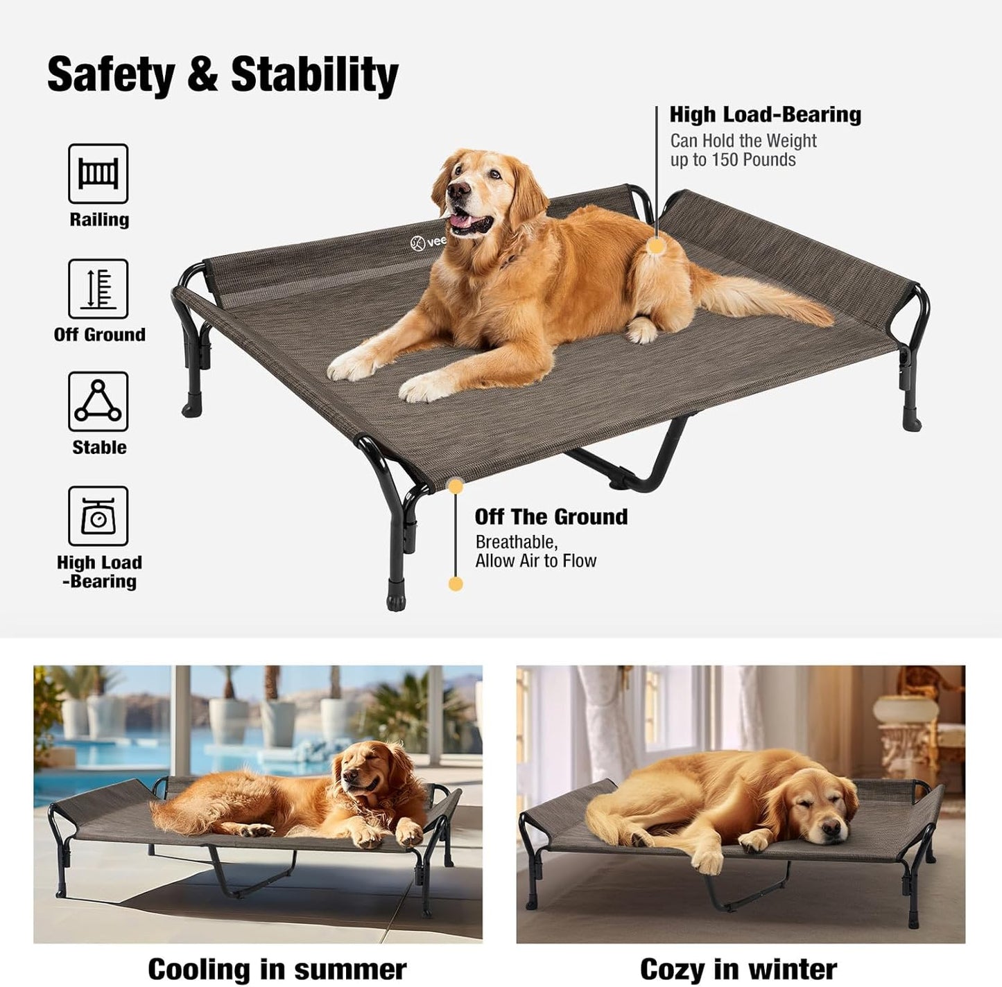 Veehoo Cooling Elevated Dog Bed, XL Raised Pet Cot with Guardrail & Slope Headrest, Durable Breathable Teslin Mesh, Non-Slip Feet, Washable Dog Couch Bed for Indoor & Outdoor, 50.5" x 33.5, Brown
