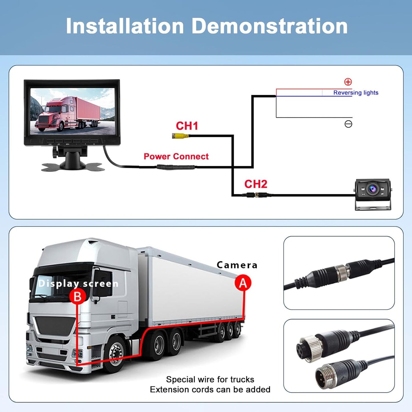 Wired AHD Backup Camera System, IP69 Metal Camera, Night Vision, 7" 1080P Monitor Kit with 15M Extension Cable and Remote Control for Trucks Buses Vans Trucks Trailers RVs Campers