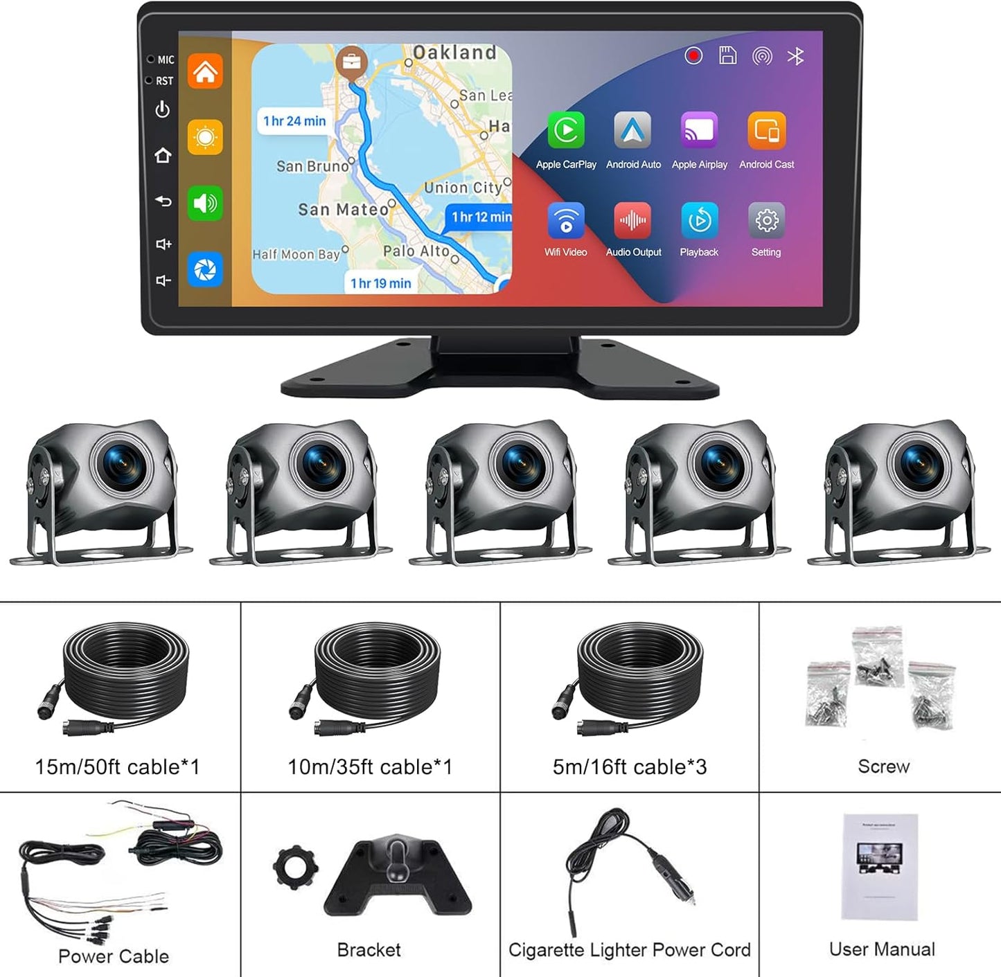 5 Channel Backup Camera System,Carplay & Android Auto,GPS Navigation, Touchable 11 inch Monitor with Loop Recording DVR car Stereo,1080P Rearview Camera for RV/Truck/Trailer Pickup,128GB Card