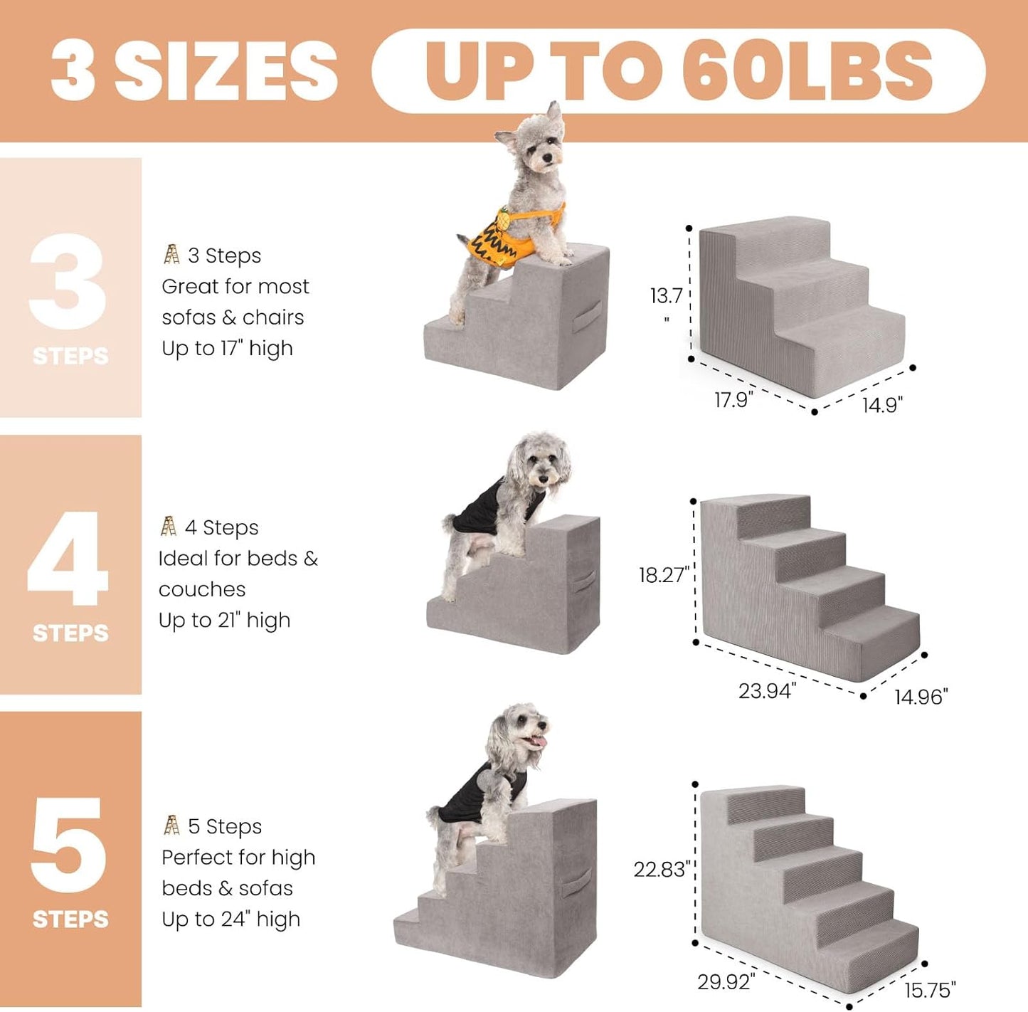 MEWANG Dog Stairs for Small & Medium Dogs and Old Cats –3/4/ 5 Steps High-Density Foam Pet Ramp for Bed & Couch, Non-Slip, Washable Cover, Grey (Square Corner, 3 Steps: 17.95''×14.96''×13.70'', 2)