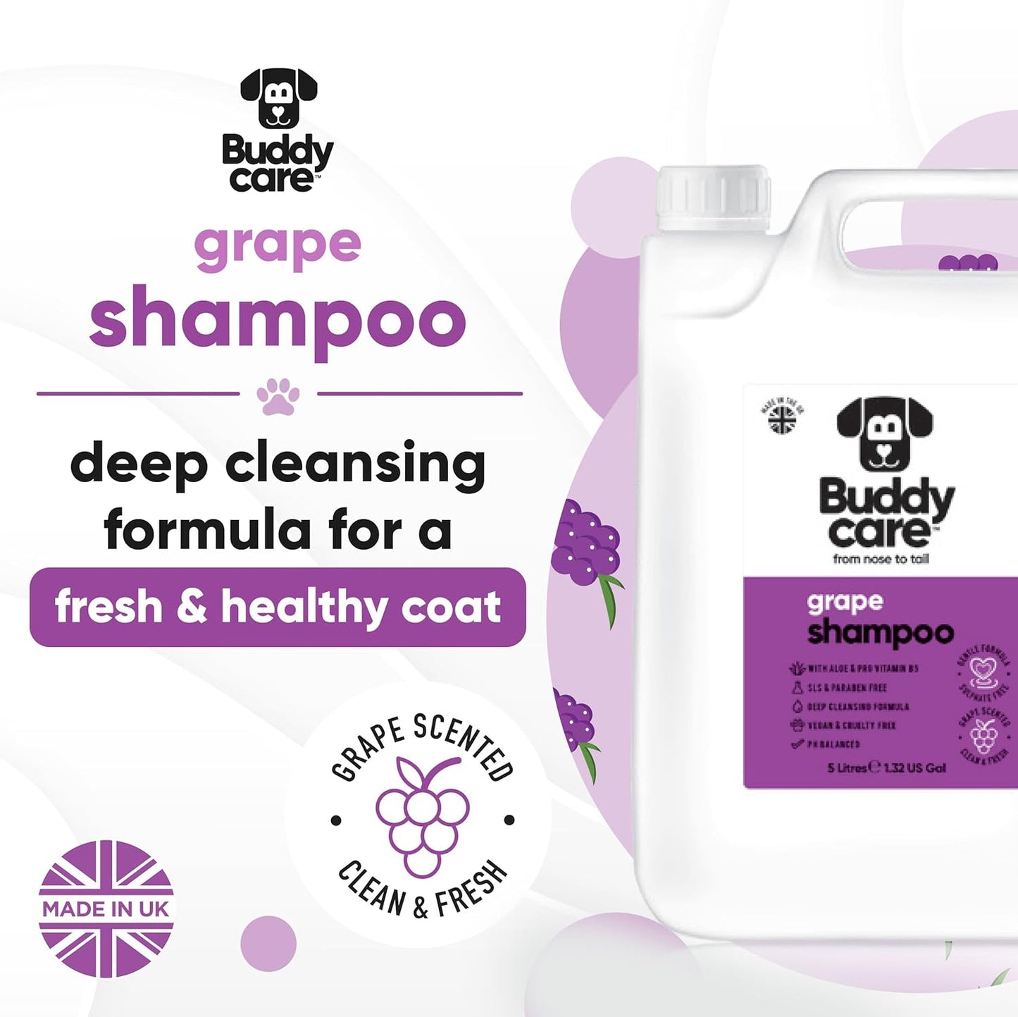 Grape Dog Shampoo by Buddycare | Deep Cleansing Shampoo for Dogs | Fresh Scented | with Aloe Vera and Pro Vitamin B5 (169.07oz)