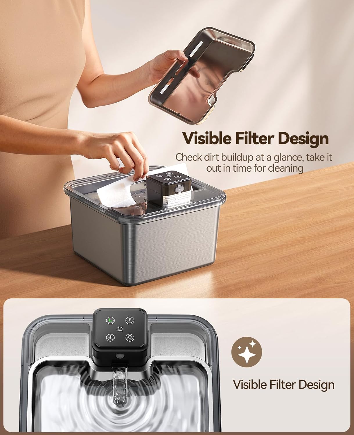 Cat Water Fountain Stainless Steel, FEELNEEDY Visual Filter Automatic Pet Water Fountain for Cats & Dogs Dispenser, Cordless Battery Operated Water Fountain for Cats Indoor - 3.2L/108oz