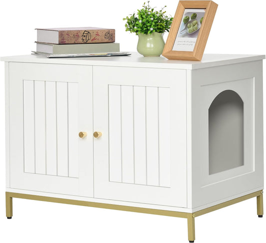 Homhedy Cat Litter Box Enclosure, Cat Washroom Furniture with Metal Frame, Pet House, Fit Most of Litter Box, Modern Style, White and Gold