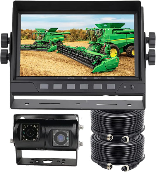 AHD 1080P 7" Reverse Rear View Backup Dual Twin Lens Camera System, Point Each Lens in a Different Direction, IR, Waterproof, 10G Vibration-Proof for Tractor/Truck/Camper/Caravan/Skid Steer/Harvester