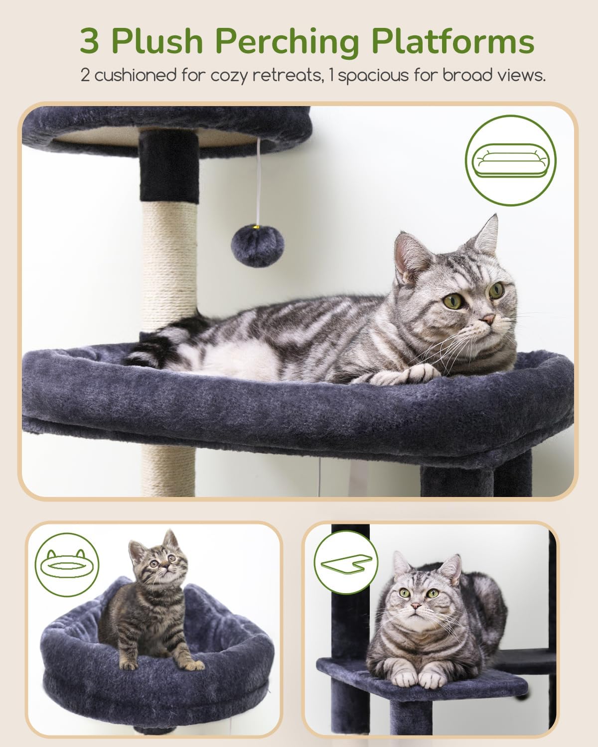 Globlazer Heavy Duty Cat Tree Tower, 73in Tall Cat Tree for Indoor Cats Large Adult, Cat Condo for Large Cats with 5 Scratching Posts, 2 Cat Caves, 2 Padded Perches, 2 Hanging Baskets, F73, Dark Gray
