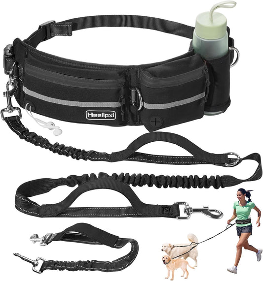 Hands-Free Dog Leash With Pouch, Waist Attachment for Walking Two Dogs, Reflective Stitching, Dual Handle, Bungee Retractable Running for Medium to Large Dogs Black