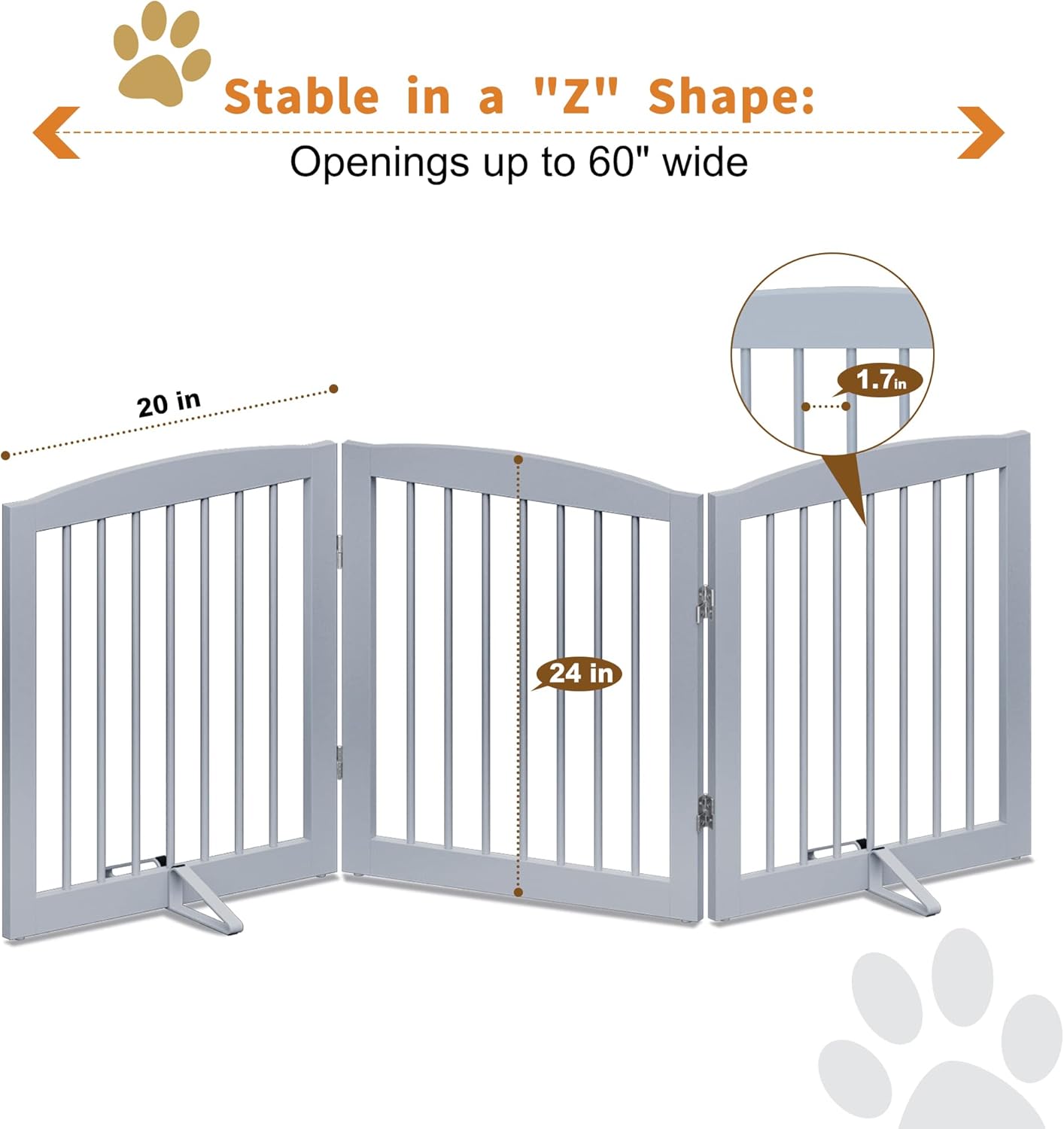 Freestanding Pet Gate for Dogs, Foldable Wooden Dog Gate for House, Indoor Dog Gate for Doorways, Stairs, Gates for Dogs Indoor, Support Feet Included, 24" Height 3 Panels, Grey