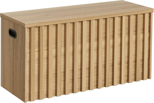 UEV Storage Bench,39.4" Wood Box, Storage Trunk with 2 Safety Hinges, Ottoman Storage Chest, Fluted Storage Bench for Bedroom, Entryway, Living Room(Natural Wood)