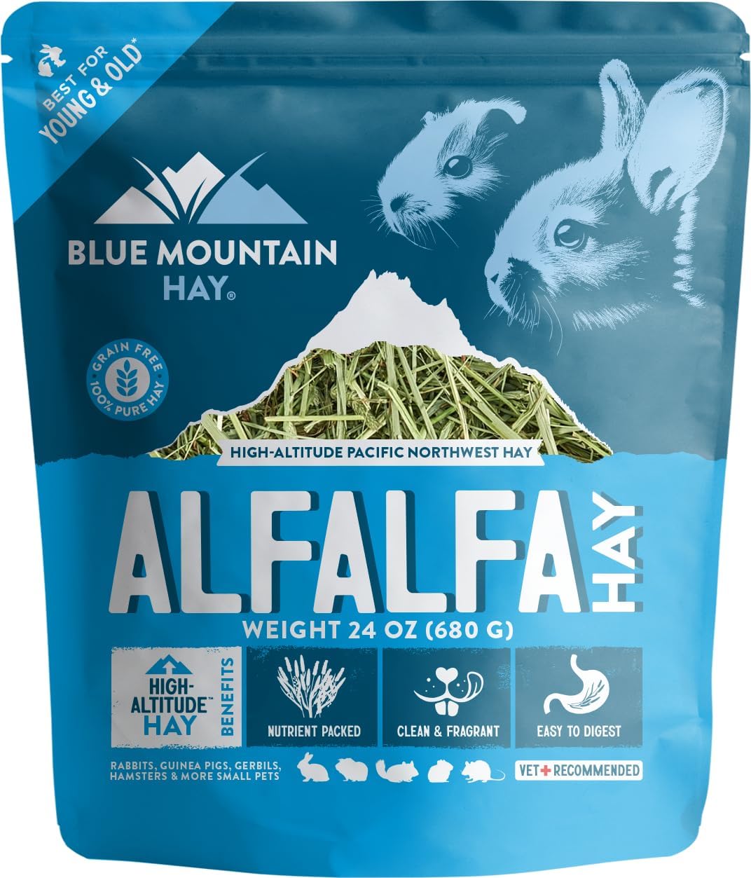 Blue Mountain Hay | Fresh Alfalfa Hay (24 Ounce) | High Leaf Retention | Nutritious High-Altitude Hay Pet Food for Rabbits, Guinea Pigs, Chinchillas, Hamsters, and Other Small Pets