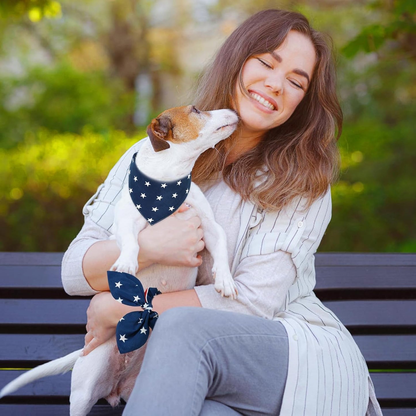 E-Clover 4th of July Dog Bandanas & Matching Scrunchie Set American Flag Dog Scarf Washable Patriotic Pet Bandana Triangle Kerchief Bibs for Medium Large Dogs Owner Gifts