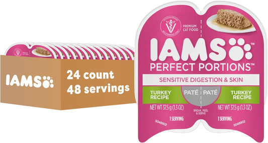 IAMS Perfect Portions Sensitive Digestion & Skin Adult Wet Cat Food Pate, Turkey Recipe, 2.6 oz. Easy Peel Twin-Pack Trays (24 Count, 48 Servings)