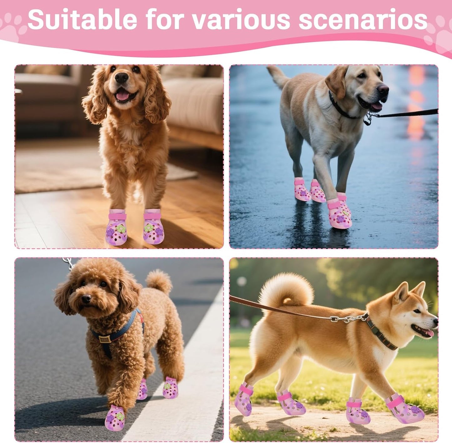 Dog Shoes for Hot Pavement, Adjustable Magic Tape Boots for Small, Medium & Large Dogs, Anti-Slip, Easy to Clean Paw Protectors for Beach, Outdoor & Hot Weather (Pink S)