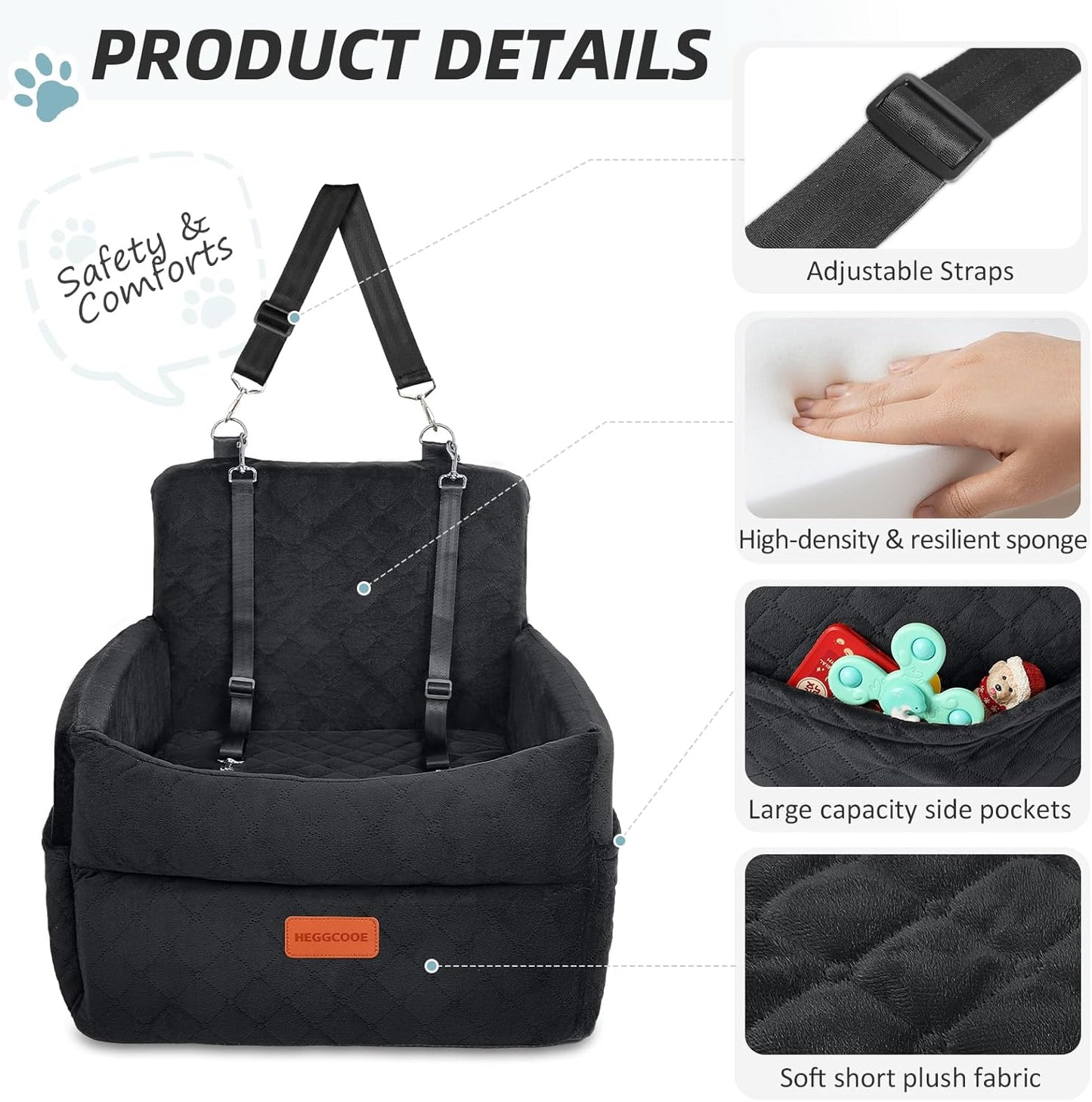 Small Dog Car Seat, Memory Foam Dog Booster Car Seats with Thick Cushion for Medium Dogs Under 35lbs, Detachable Washable Dog Bed for Car, Pet Carseat with Storage Pockets,2 Safety Belts