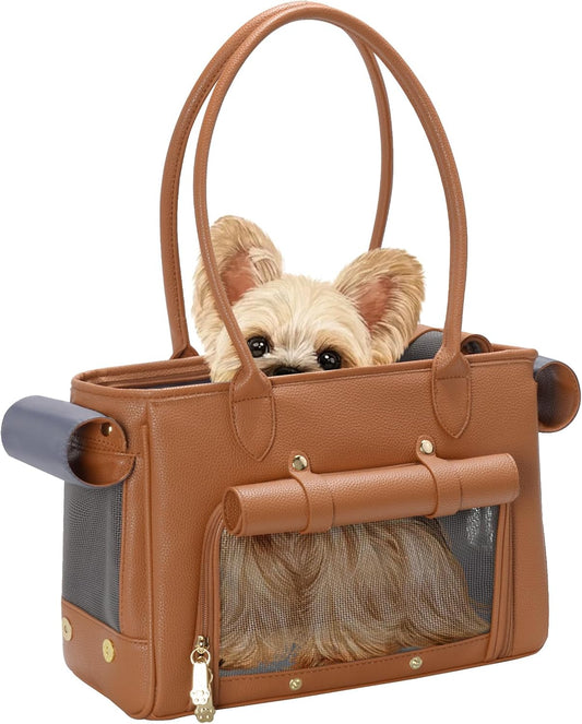 Minsong Fashion Pet Carrier Purse for Small Cat and Dog, Luxury Pu Soft-Sided Tote Bag with Large Pockets for Dogs and Puppies (Brown, 13.6" L x 6" W x 10.0" H)