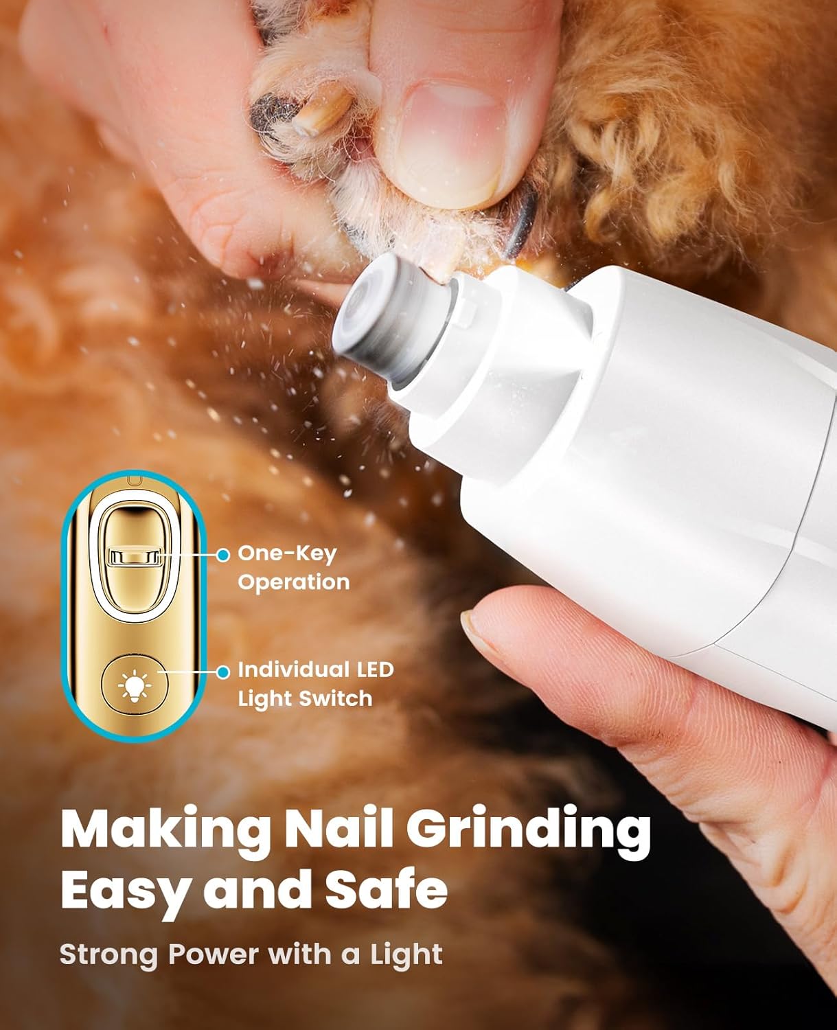 oneisall Quiet Dog Grooming Kit 4 in 1, LED Light Dog Nail Grinder, 2000mAh Pet Grooming Clippers Paw Trimmer for Paw, Nail, Face, Ears, Legs, Body with Storage Bag