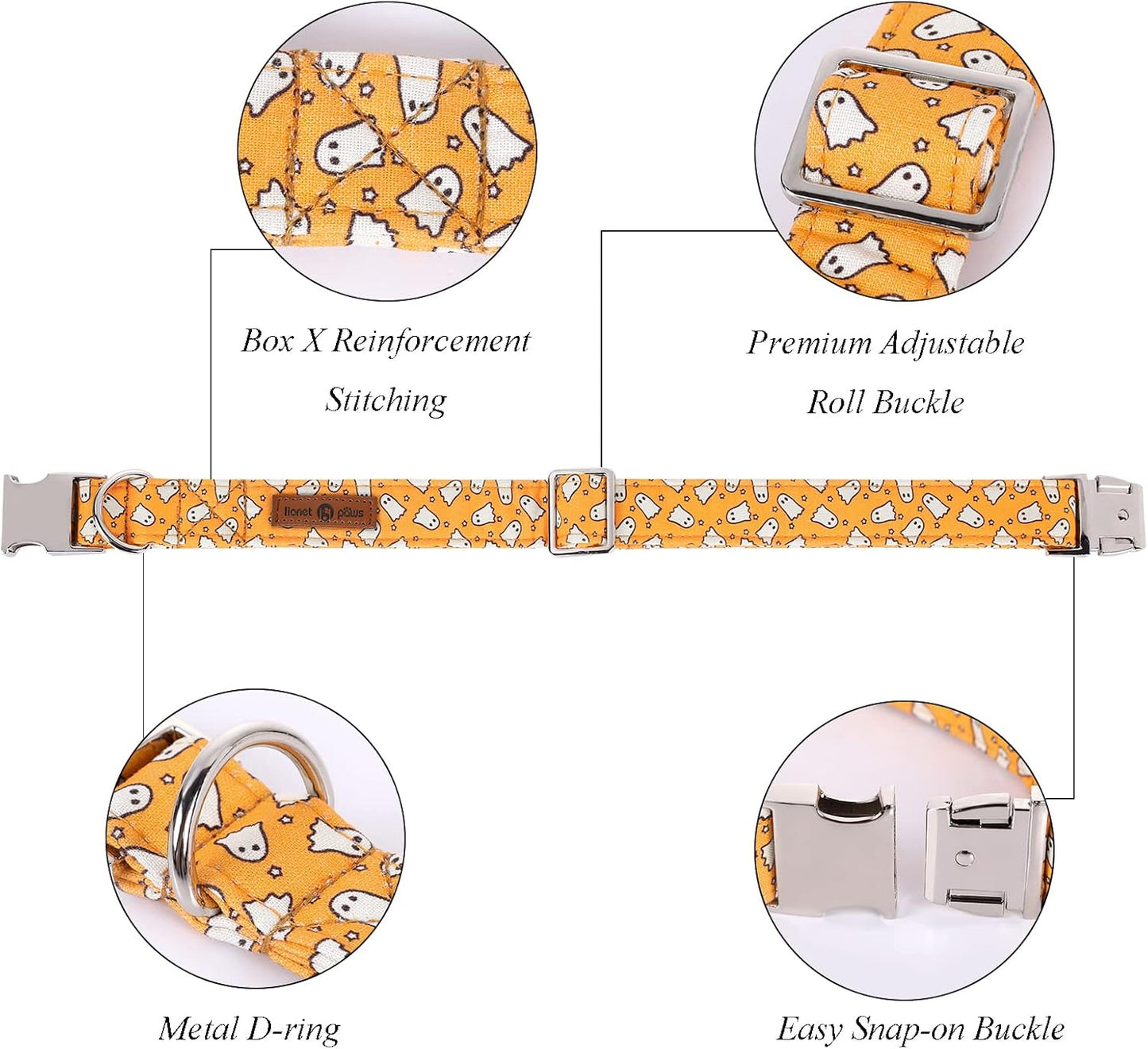 Lionet Paws Halloween Dog Collar with Bowtie - Cute Cotton Adjustable Fall Bowtie Dog Collar with Metal Buckle for Small Medium Large Dog Girl Boy Gift, XS, Neck 8-12in