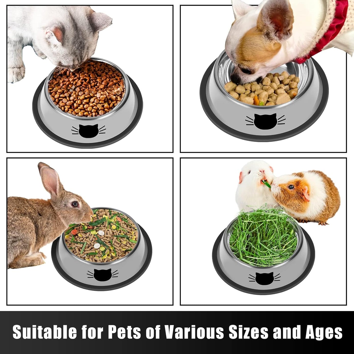 2Pcs Cat Bowls Non-Slip Stainless Steel Small Cat Food Bowl Unbreakable Thick Rubber Base Easily Clean Lovely Color