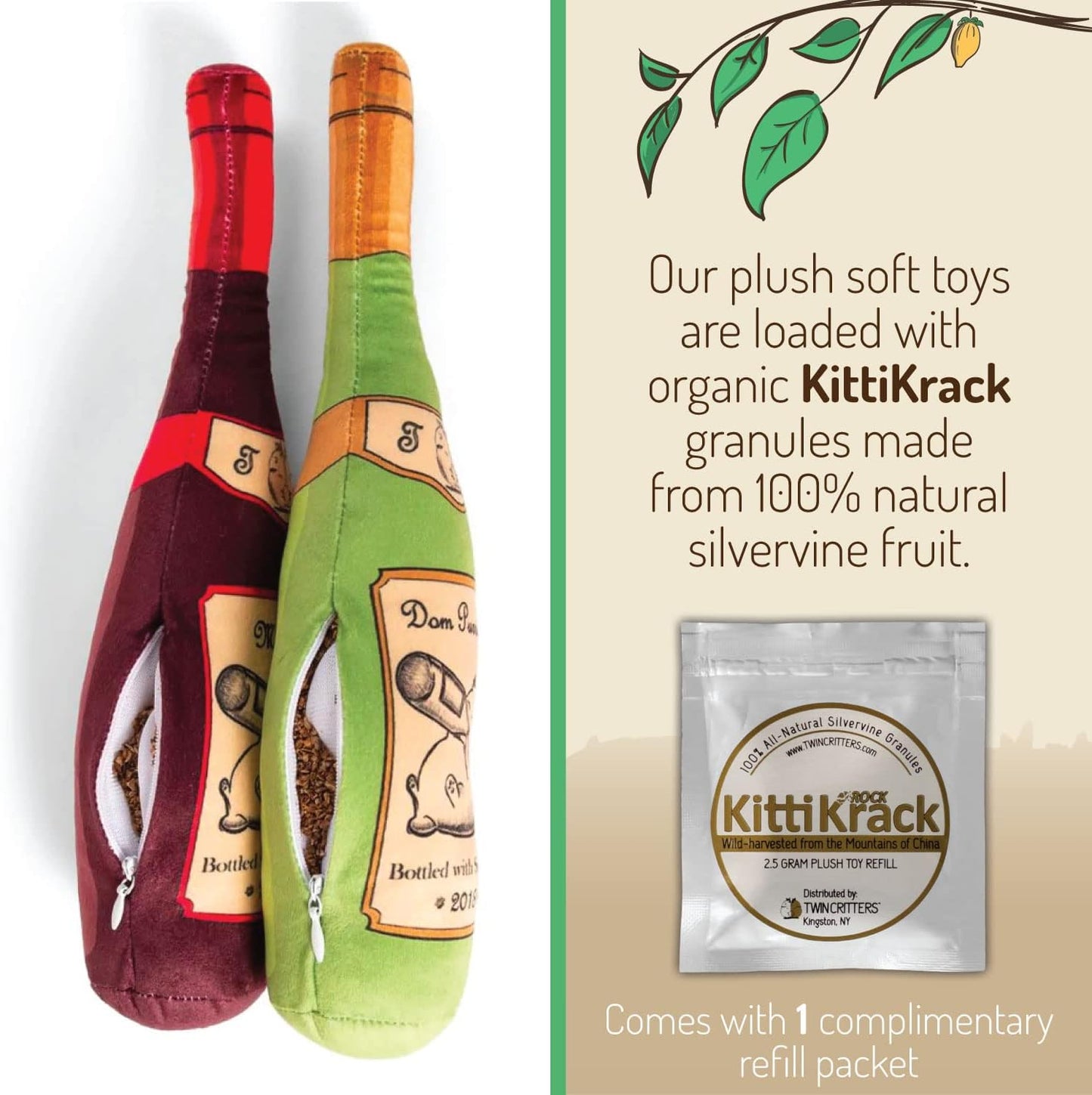 KittiLush 2-Pack Organic Silvervine Catnip Substitute Toys for Cats & Kittens | 100% All-Natural Wild Harvested Silvervine | 2 Refillable Wine Bottle Kicker Cat Toys