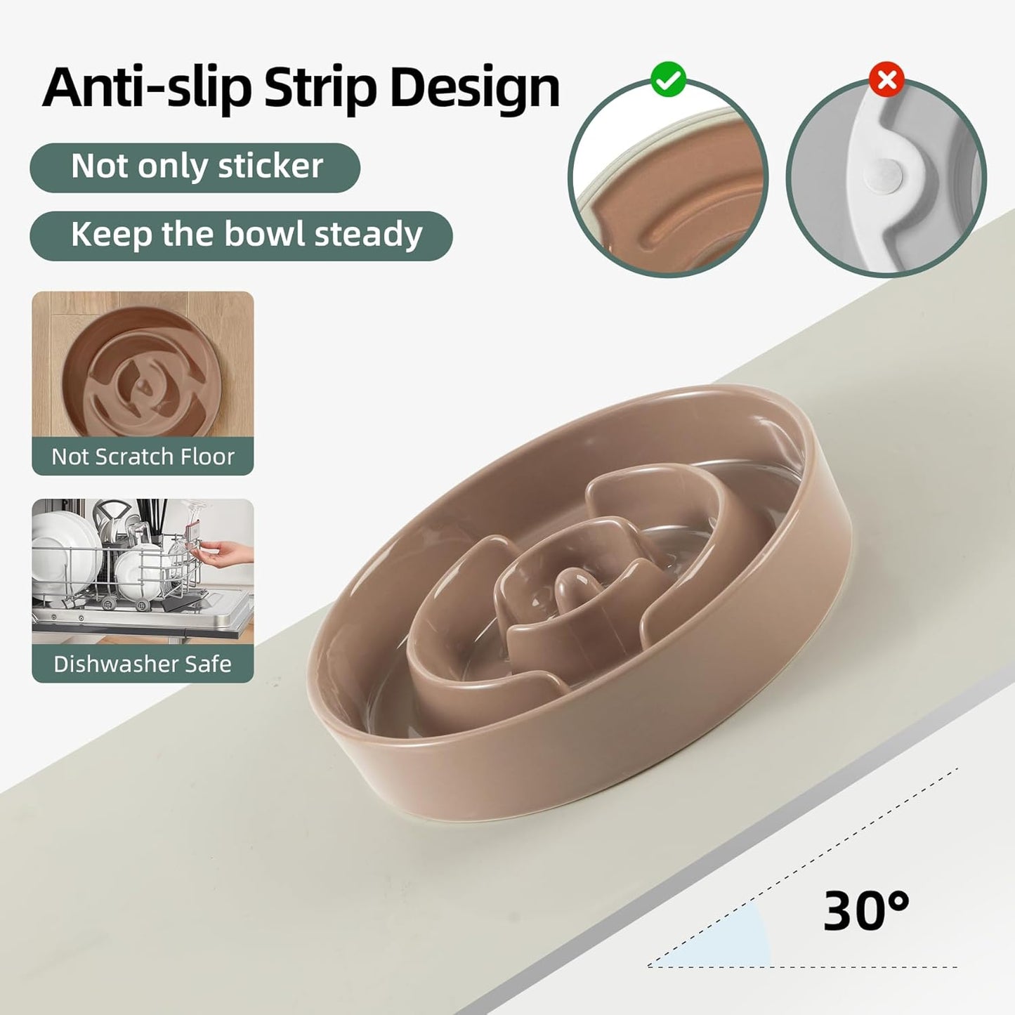 9.5inch Ceramic Raised Slow Feeder Dog Bowl Set, Elevated Bowl with Wooden Stand for Large Dog, Puzzle Slow Pet Food Dish, Preventing Choking(Brown Coffee, Single Bowl+ Stand)