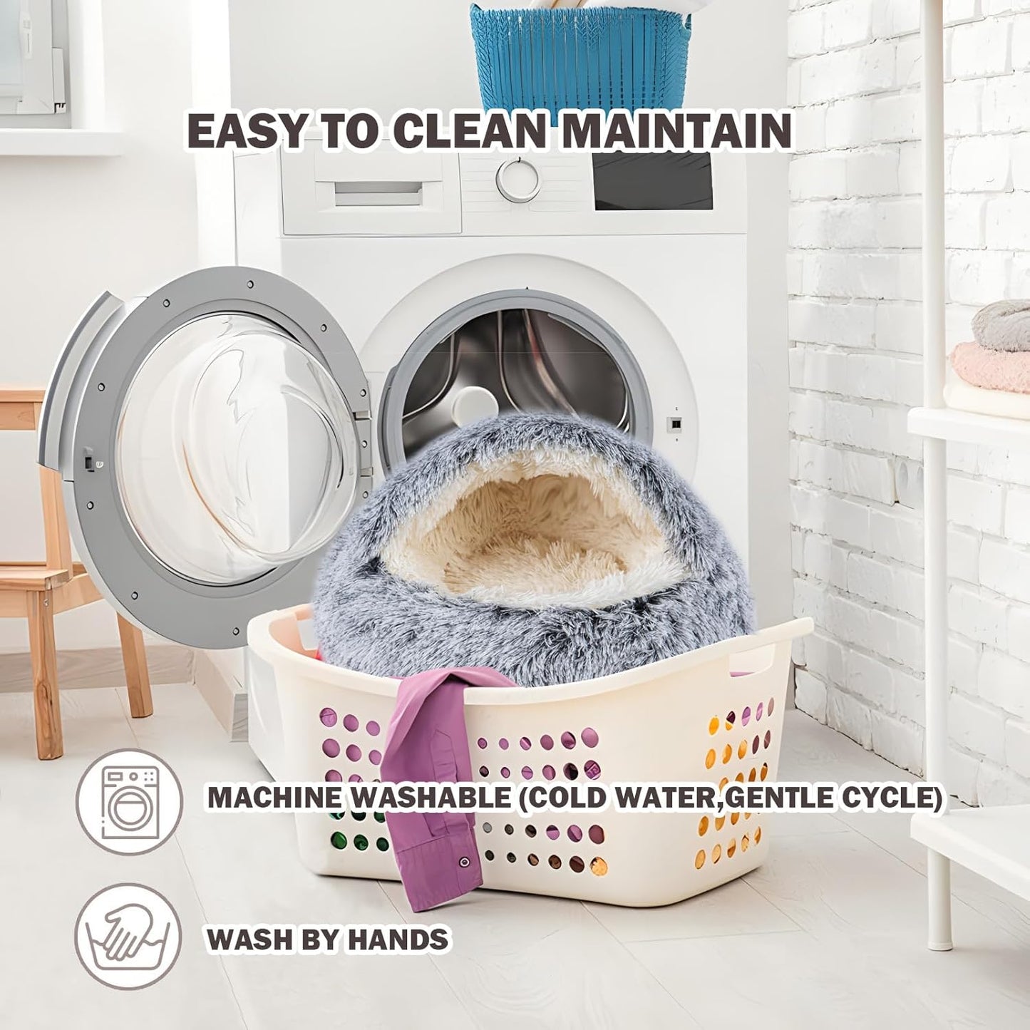 Cat Bed for Indoor Cats, Calming Cozy Cave with Self-Warming Plush, Entire Bed Machine Washable & Anti-Slip Base, Breathable Pet Bed for Small Cats&Dogs All Seasons (Grey, 24 * 24inch)