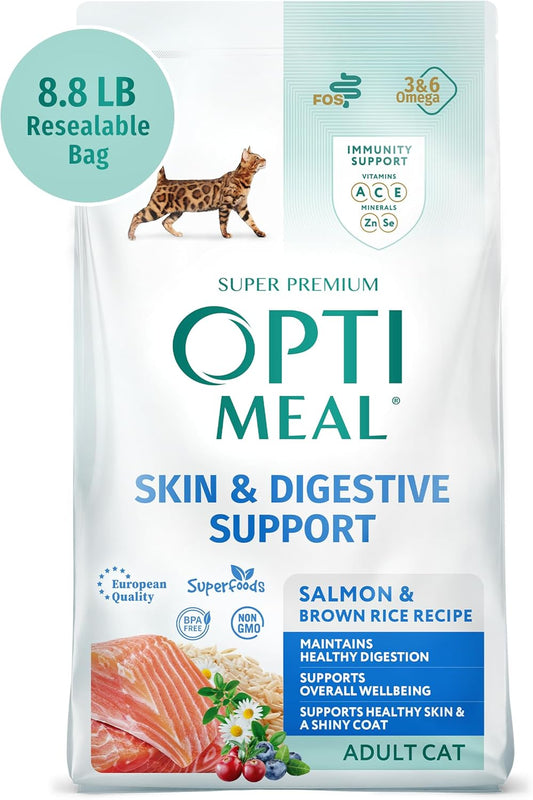 OPtimeal Skin & Sensitive Stomach Cat Food - Proudly Ukrainian - Healthy Cat Food Dry Recipe for Skin & Digestive Support, Tasty Dry Cat Food for Pets (8.8 lbs, Salmon & Brown Rice)