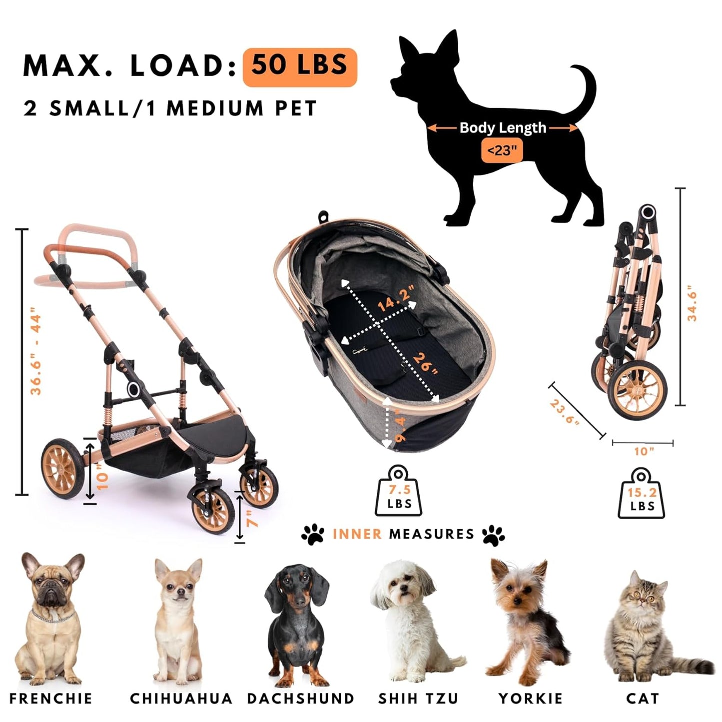 Pet Stroller with 4 Wheels, Foldable Pet Travel Carrier for Small/Medium Dogs Cats up to 50lbs, Detachble Portable Pet Bag, Storage Basket, Car Seat 3 in 1 Multifunctional (Grey)
