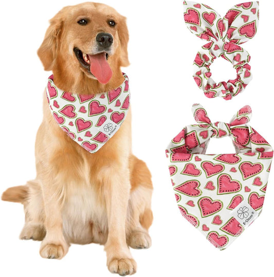 E-Clover Pink Watermelon Dog Bandanas & Matching Scrunchie Set Cute Heart Dog Scarf Bibs Pet Bandana with Bow Tie for Medium Large Dogs Owner Mom Spring Summer