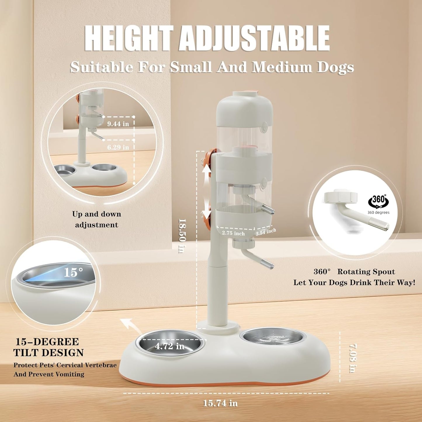 Pet Bowls,15°Tilted Puppy Food Bowls with Puppy Weaning Bottles,3 in 1 Height Adjustable Water Dispenser for Dogs,Pet Food Bowls for Ferrets,Cats,Rabbits and Small Sized Dogs(White)