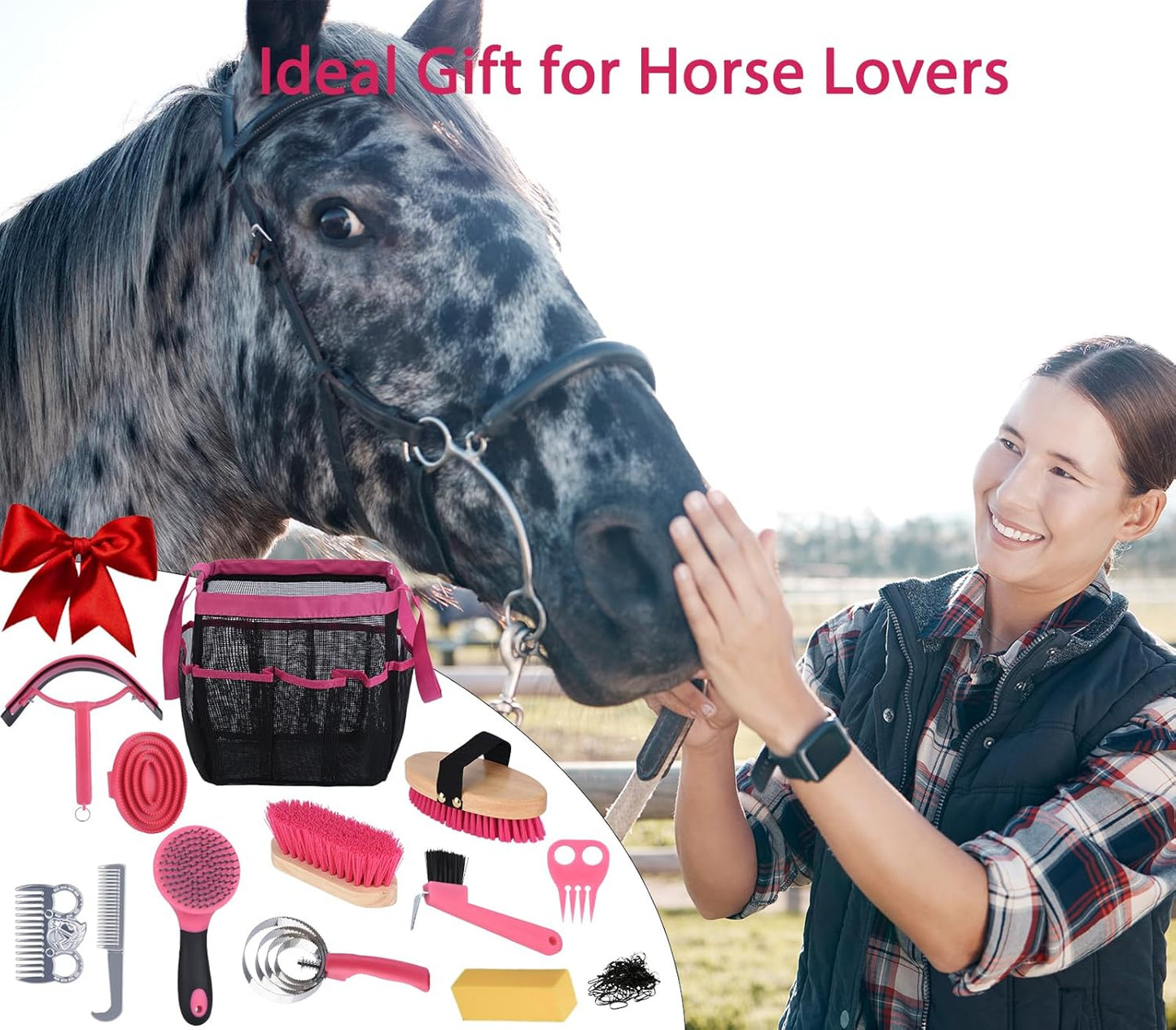 Horse Grooming Kit 13 Piece, Horse Brushes for Grooming Supplies with Tote Bag, Horses Tack Brush Set for Effective Grooming and Cleaning, Gift for Horse Riders Beginners (Pink)