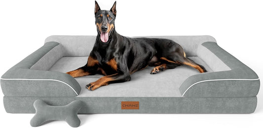 XXL Dog Bed for Extra Large Dogs, Giant Orthopedic Dog Bed with Cooling Gel Memory Foam, Waterproof Pet Bed with Removable Washable Cover, 53" Pet Sofa bed Dutch Velvet with Bone Toy, Light Gray