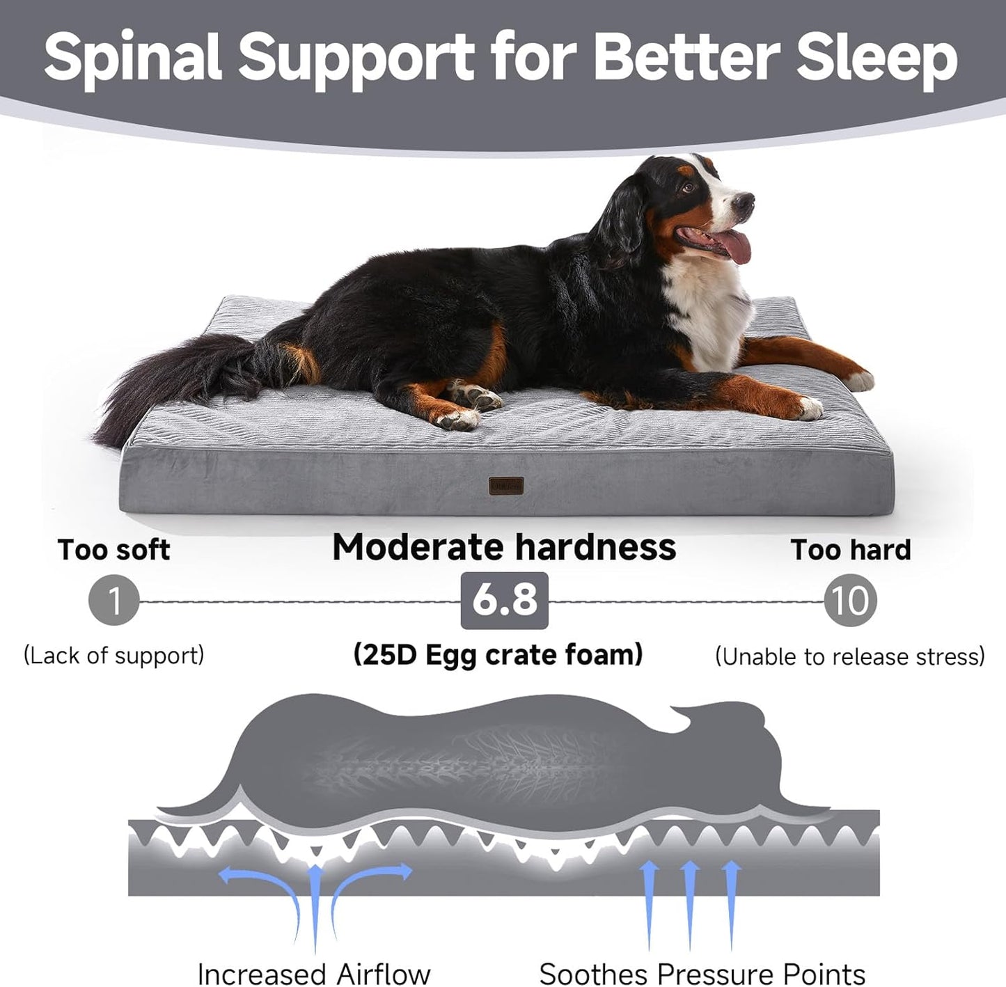 OhGeni Orthopedic Waterproof & Machine Washable Dog Bed for Extra Large Pets, Wider & Larger Size, Cat Mat with 25D Egg Crate Foam, Removable Cover & Invisible Zipper, 54 Inches(Gray)