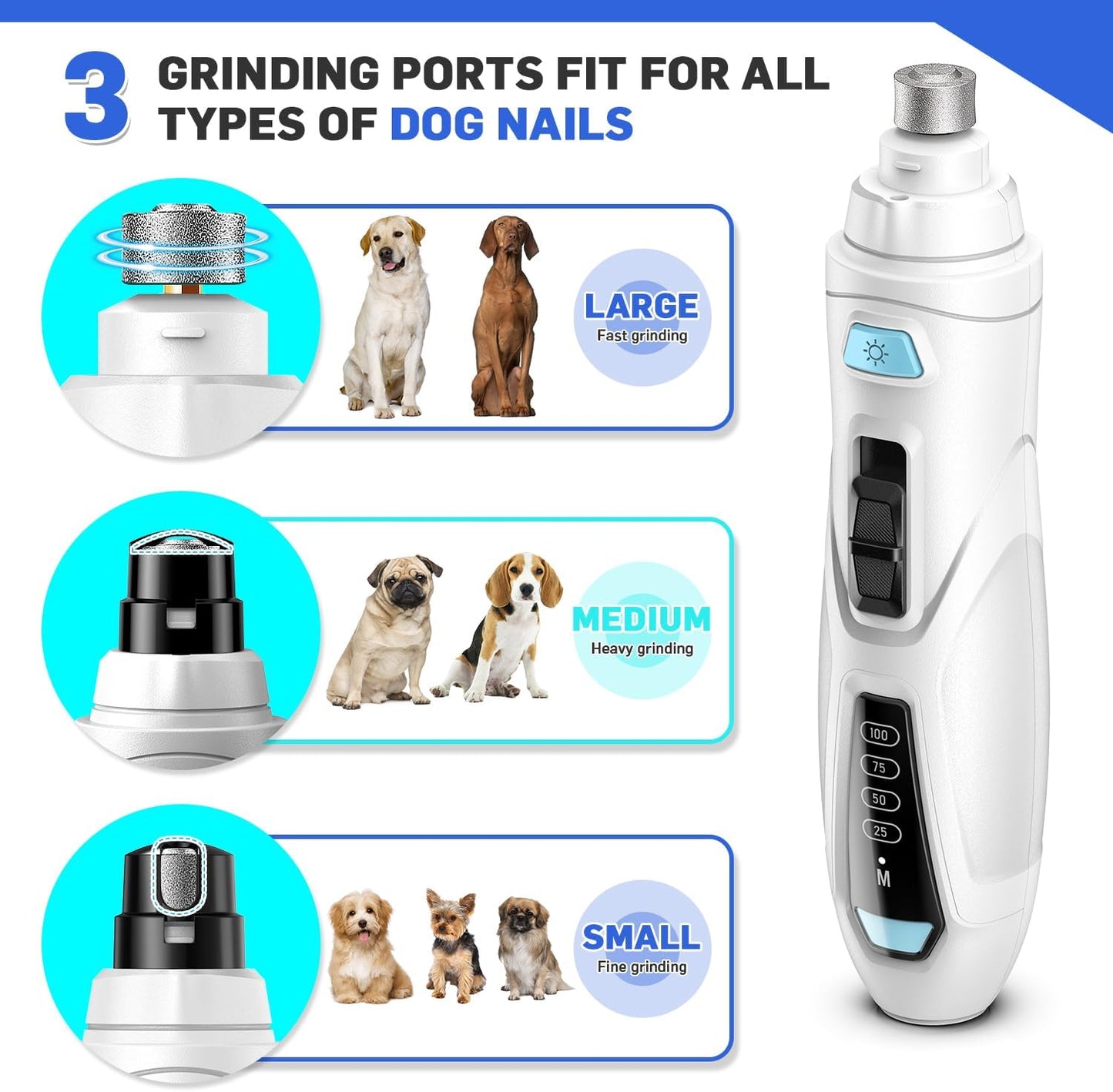 Dog Nail Grinder & Clipper 2-in-1 Set - 25dB Ultra Quiet with 3 Grinding Wheels & 2 LED Lights, Rechargeable for Large/Puppy Dogs & Cats, 3-Speed Adjustable for Anxious Pets